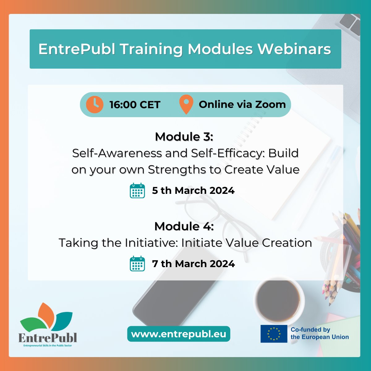 🚀 Join EntrePubl's Training Modules Webinars of this week! 🌐 📈 Self-Awareness and Self-Efficacy: Mar. 5, 16:00 CET. 📝Register: bit.ly/48ir8AB 💪Taking the Initiative: Mar. 7, 16:00 CET 📝Register: bit.ly/3uIeJIn ℹ️ More info: entrepubl.eu