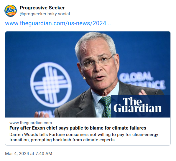 Fury after Exxon chief says public to blame for climate failures: theguardian.com/us-news/2024/m…
#Exxon #ClimateChange #ClimateCrisis #FossilFuels #ExxonMobil #greenhousegas #CleanEnergy #GlobalWarming #Science #ClimateAccountability #Profits #InflationReductionAct