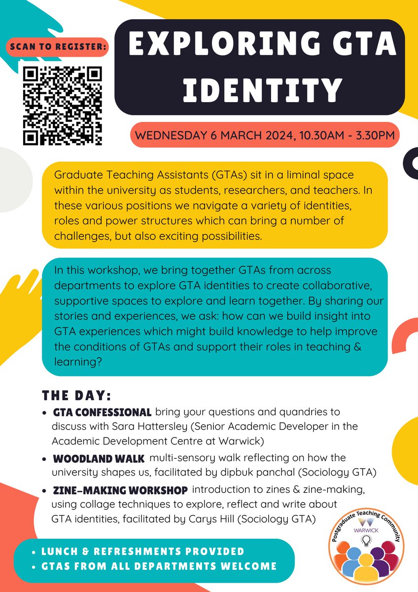 A day of workshops discussing and exploring the identities of Graduate Teaching Assistants (GTAs) at Warwick. Wednesday 6th March. Register here: eventbrite.co.uk/e/exploring-gt…