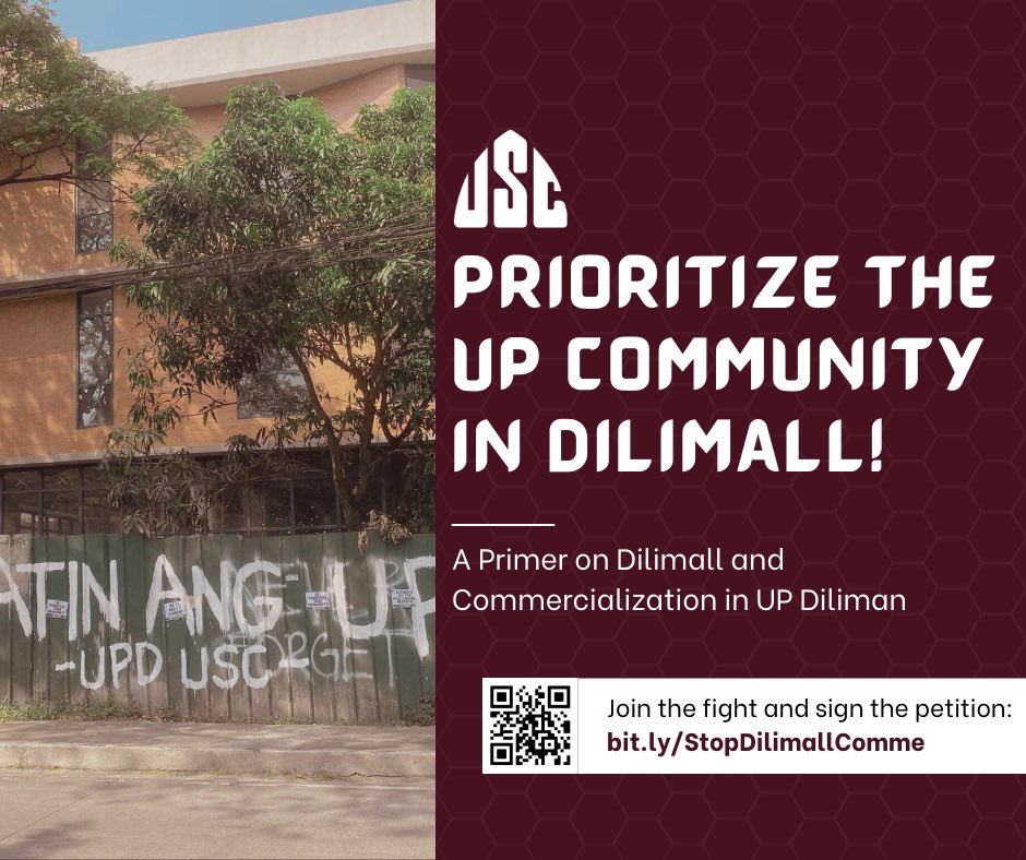 USCUPDiliman's tweet photo. Prioritize the UP Community in Dilimall!

Tutulan ang komersiyalisasyon!
Serbisyo sa tao, wag gawing negosyo!

Sa pagbubukas ng Dilimall, muling maisasantabi ang panawagan ng mga sektor ng UP Community para sa mga espasyo at makamasang serbisyo. https://t.co/r2nrE2P99S