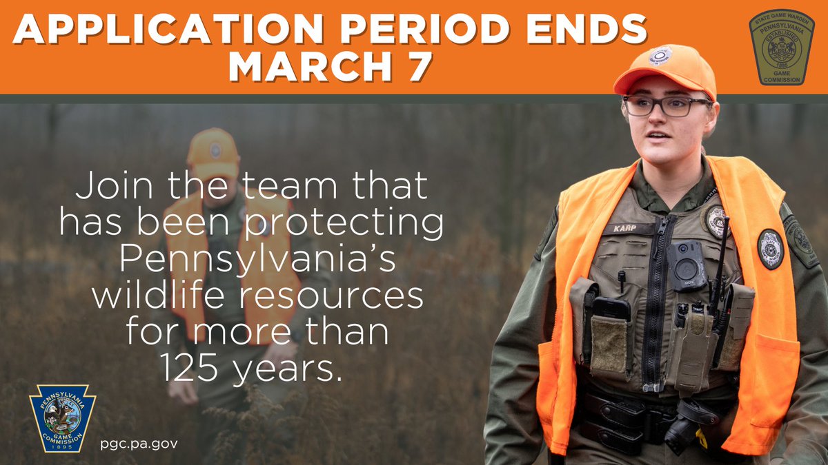 Don’t miss your chance to apply for your dream job and join the team that has been protecting PA’s wildlife resources for more than 125 years. Application Period ends Mar. 7, APPLY TODAY: bit.ly/3I6se8D.