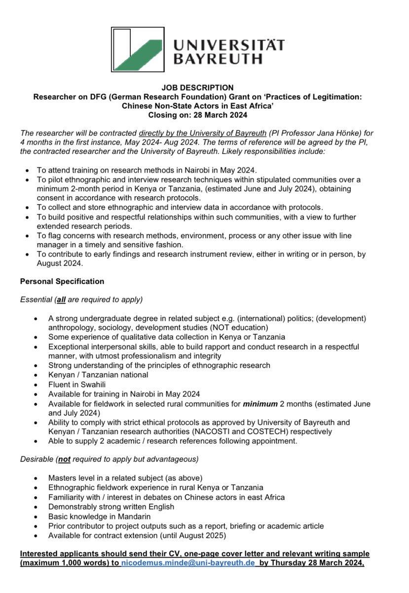 Kathy Dodworth (@dodgington) on Twitter photo Hiring! Junior researchers for project on Chinese non-state actors in east Africa w/ <a href="/PoCoSecurity/">Jana Hönke</a>. Short-term at first, scope for longer collaboration. For basic info on the project: african-sociology.uni-bayreuth.de/en/research/Cr… enquiries contact <a href="/decolanga/">Nico Minde, PhD</a> pls RT share Hiring! Junior researchers for project on Chinese non-state actors in east Africa w/ <a href="/PoCoSecurity/">Jana Hönke</a>. Short-term at first, scope for longer collaboration. For basic info on the project: african-sociology.uni-bayreuth.de/en/research/Cr… enquiries contact <a href="/decolanga/">Nico Minde, PhD</a> pls RT share