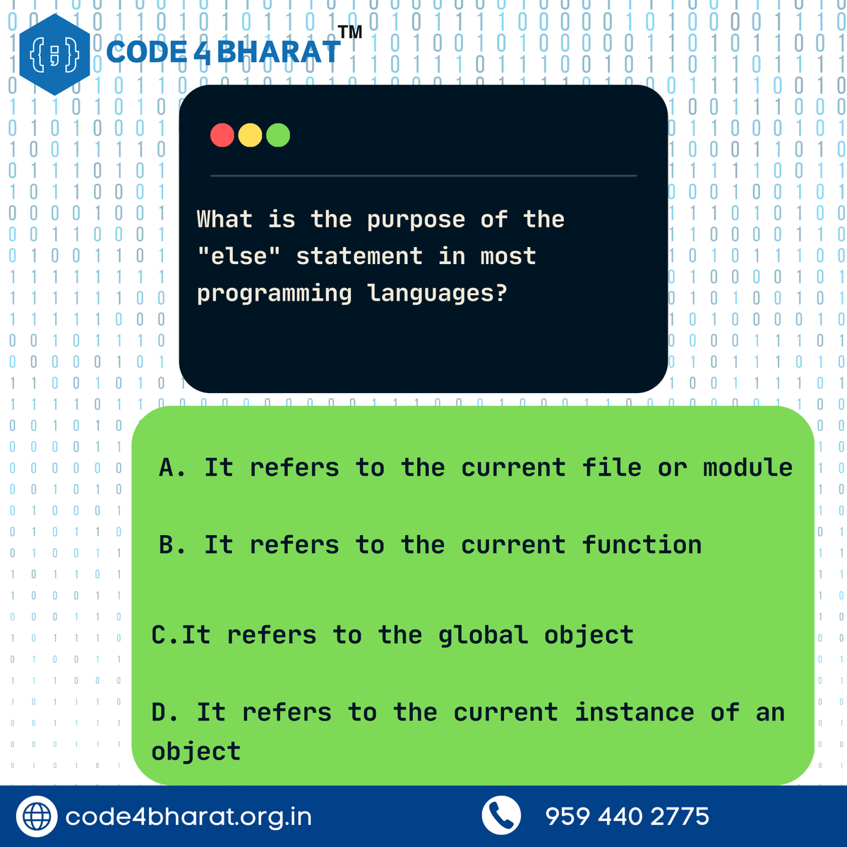 Code4Bharat's tweet image. "Unlock the 'else' statement in programming! 🚀✨ It's code's way of saying, 'If true, do this; otherwise, something else.' 🤖💡 Master the code, embrace the logic, and dive into endless possibilities! 💻🌐 #ProgrammingLogic #ElseStatement #CodeBharat #TechExploration"