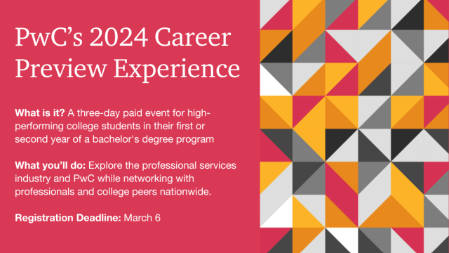 Explore the possibilities of a career with PwC through our Career Preview program for Black and Latino/Hispanic students. Get a glimpse of what it's like to work with us and learn about the opportunities available for college freshman and sophomores. pwc.to/48DGf7M