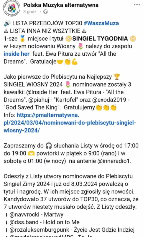 We are pleased to announce that All the Dreams (feat. Ewa Pitura) was chosen SINGLE OF THE WEEK and was nominated in the "Best Single of Spring 2024" category! And this is only thanks to you. So, once again, many thanks for your support and votes 😃 
pmalternatywna.pl/listatop30/