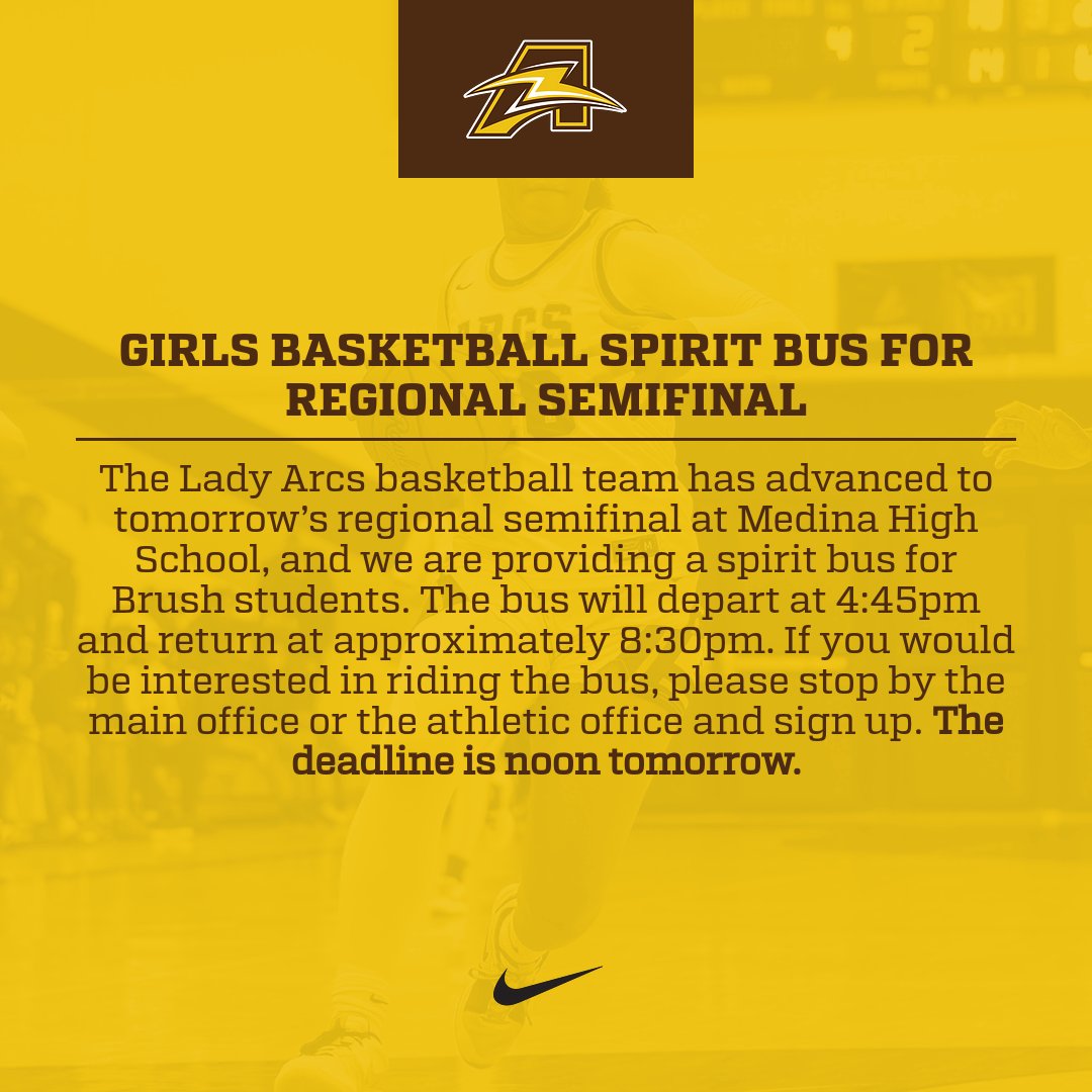 Brush Athletics (@brushathletics) on Twitter photo Stop by the main office or athletics to sign up for the spirit bus <a href="/LadyArcs/">Brush Lady Arcs Basketball</a> Stop by the main office or athletics to sign up for the spirit bus <a href="/LadyArcs/">Brush Lady Arcs Basketball</a>