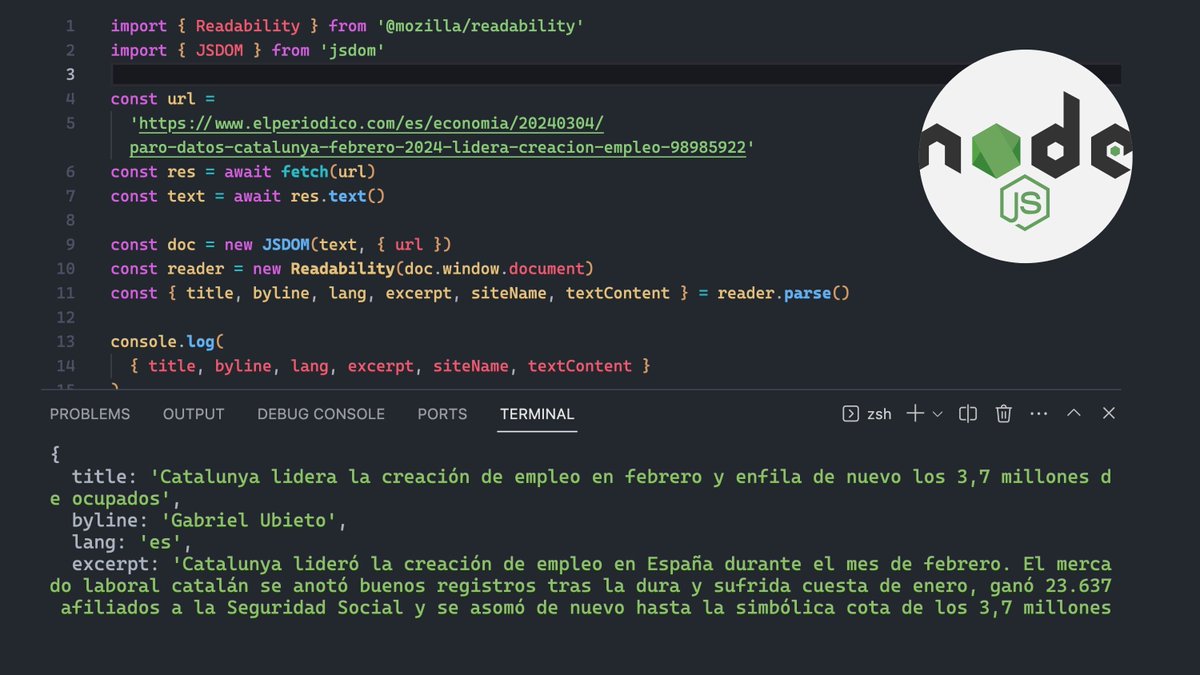 midudev's tweet image. ¡Aprende a extraer el contenido de cualquier artículo!
Te devuelve título, autor, contenido y resumen.
Usando Node.js y en 10 líneas de código ↓