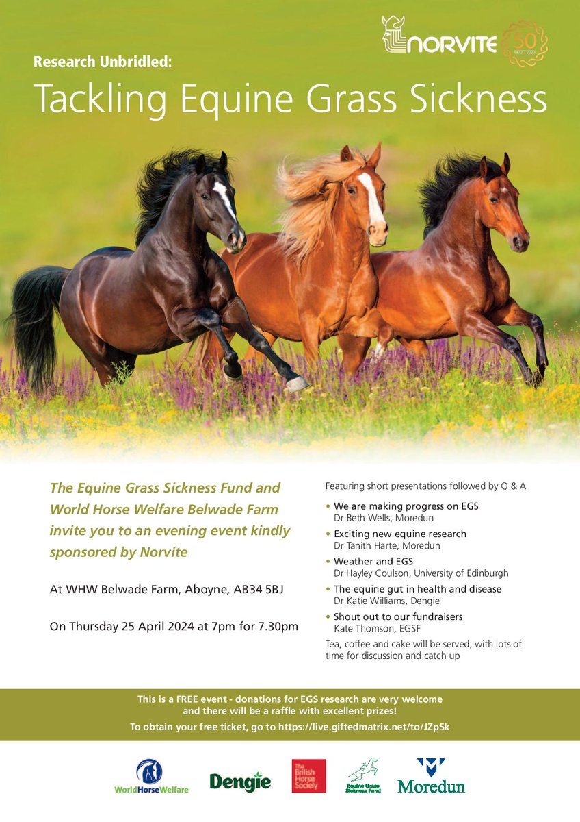 Grass Sickness Fund (@grasssickness) on Twitter photo Research Unbridled! Grass sickness evening at <a href="/HorseCharity/">World Horse Welfare</a> Belwade Farm Thurs 25 April, 7pm AB34 5BJ. Presentations on EGS research, refreshments and Q&A. Register for your free ticket today live.giftedmatrix.net/to/JZpSk with <a href="/MoredunComms/">The Moredun Foundation</a> <a href="/NorviteFeeds/">NORVITE</a> <a href="/DengieHorseFeed/">Dengie Horse Feeds</a> <a href="/BritishHorse/">The British Horse Society</a> Research Unbridled! Grass sickness evening at <a href="/HorseCharity/">World Horse Welfare</a> Belwade Farm Thurs 25 April, 7pm AB34 5BJ. Presentations on EGS research, refreshments and Q&A. Register for your free ticket today live.giftedmatrix.net/to/JZpSk with <a href="/MoredunComms/">The Moredun Foundation</a> <a href="/NorviteFeeds/">NORVITE</a> <a href="/DengieHorseFeed/">Dengie Horse Feeds</a> <a href="/BritishHorse/">The British Horse Society</a>