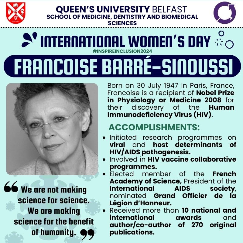 smdbsgeo's tweet photo. Our Undergraduate #EDI reps have chosen a selection of inspiring role models for #IWD2024 week. We start the week off with: FRANÇOISE BARRÉ-SINOUSSI: https://t.co/ZCcr8bsrHb
https://t.co/BkEnGy2mXs, https://t.co/N1Jh9wSZ1z, 
https://t.co/S93wzI0D1K #QUB #QGI https://t.co/LCggOXU6NY