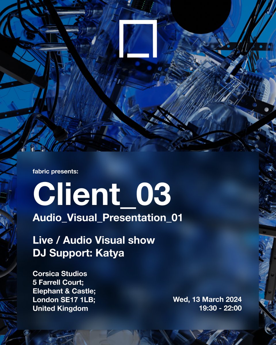 fabric presents the debut audiovisual performance from the anonymous project <a href="/Client_03/">Client_03</a> on Wednesday, 13 March. Support comes from Katya. 

→ ra.co/events/1857088