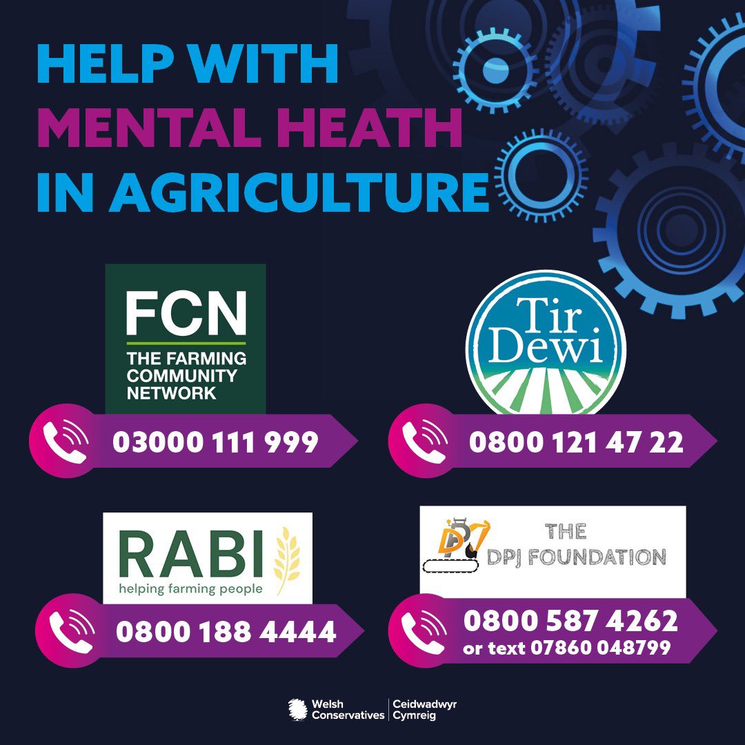 🏴󠁧󠁢󠁷󠁬󠁳󠁿 It’s been a turbulent and stressful time for farmers across Wales. 🧠 Looking after our mental health is incredibly important. ☎️ There are some wonderful charities working directly with farmers offering vital help. @FCNcharity @DewiTir @RABIcharity @dpjfoundation