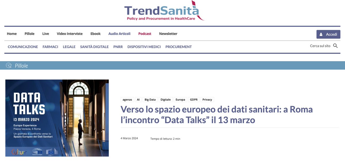 Verso lo spazio europeo dei dati sanitari: a Roma l’incontro “Data Talks” il #13marzo.

Oggi la notizia su <a href="/TrendSanita/">TrendSanità</a> 
👉 trendsanita.it/verso-lo-spazi…

#DataTalks #DatiSanitari #IA #IntelligenzaArtificiale 
<a href="/europainitalia/">UE in Italia</a>