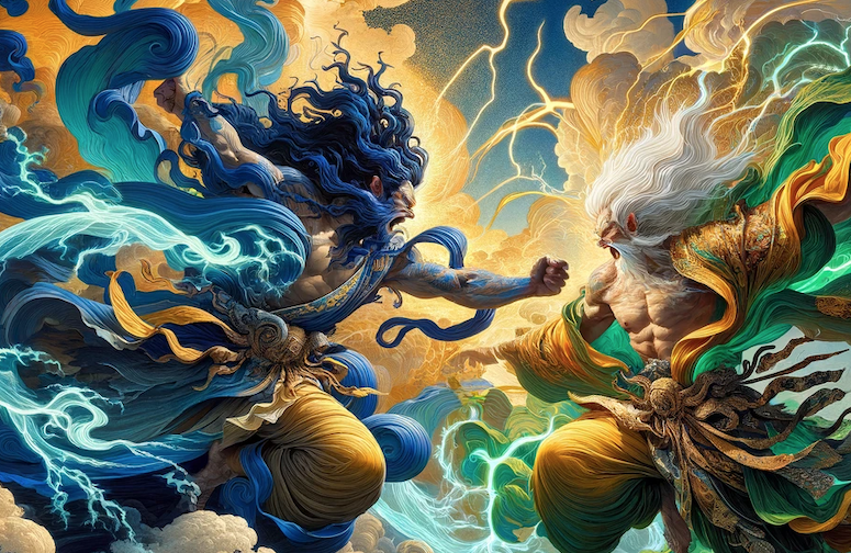222TT222's tweet photo. Please view this by downloading the file, as the window is too tight. Its part is shown herewith enlarged. #WindGod confronting #ThunderGod. #風神雷神図 #DALLE #東京AI祭 #SOZO美術館 https://t.co/uS5Vkc89V5