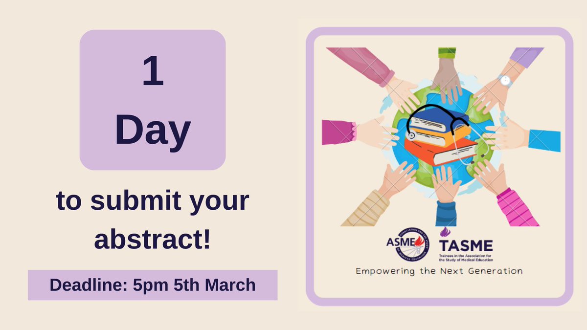 Submit your abstract for TASME conference before it's too late💻 Deadline: 5pm 5th March🕔Submit here: asme.org.uk/events/tasme-s… #MedEd #MedTwitter <a href="/tasme_uk/">TASME UK</a>