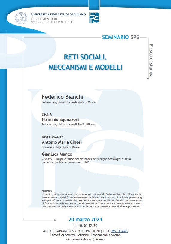 On 20 March, 10.30 AM at @LaStatale @DipartimentoSPS, we discuss the recent book by @federico_fb on social #networks and #computational #ABM models with @squazzoni & @glmanzo