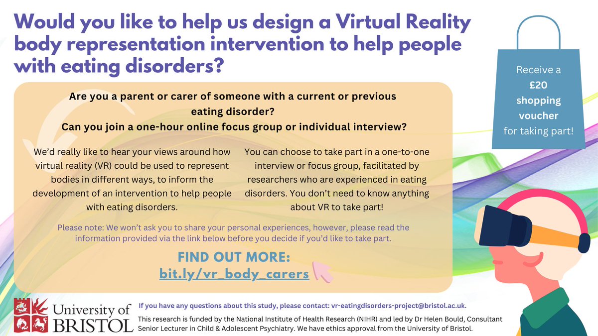 📢 Do you care for somebody who has/had an eating disorder? We're recruiting participants for a @Brms_Research study focused on designing a virtual reality body representation intervention to help people with eating disorders. Find out more & sign up👉 bit.ly/vr_body_carers