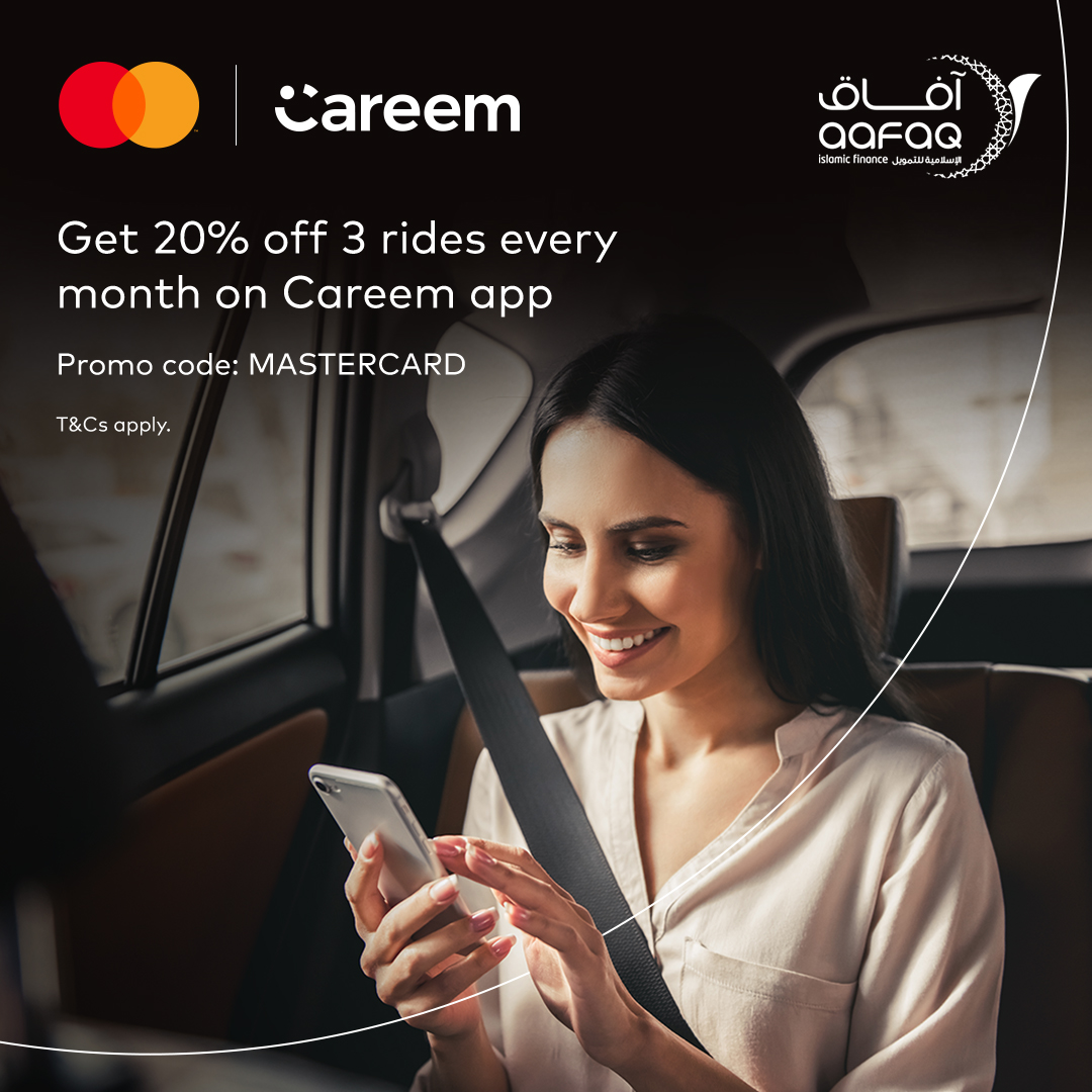 aafaq_finance's tweet image. Get 20% off 3 rides every month using your Aafaq Credit Cards on the Careem app.
Validity: until 30 June 2024Promo code: MASTERCARD
T&amp;amp;Cs apply.
#AafaqIslamicFinance #TowardsTheFuture #Finance_Made_Easy #AafaqUAE #CreditCards #Convenience #Finance #FinanceMadeEasy #MasterCards