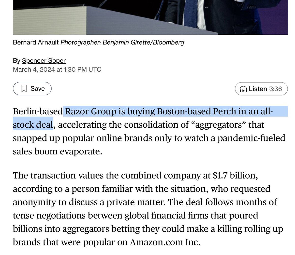 Biggest Amazon aggregator consolidation deal: Razor Group (raised $1.1b eq+debt) is buying Perch (raised $900m eq+debt) to form probably the largest operator in this space.