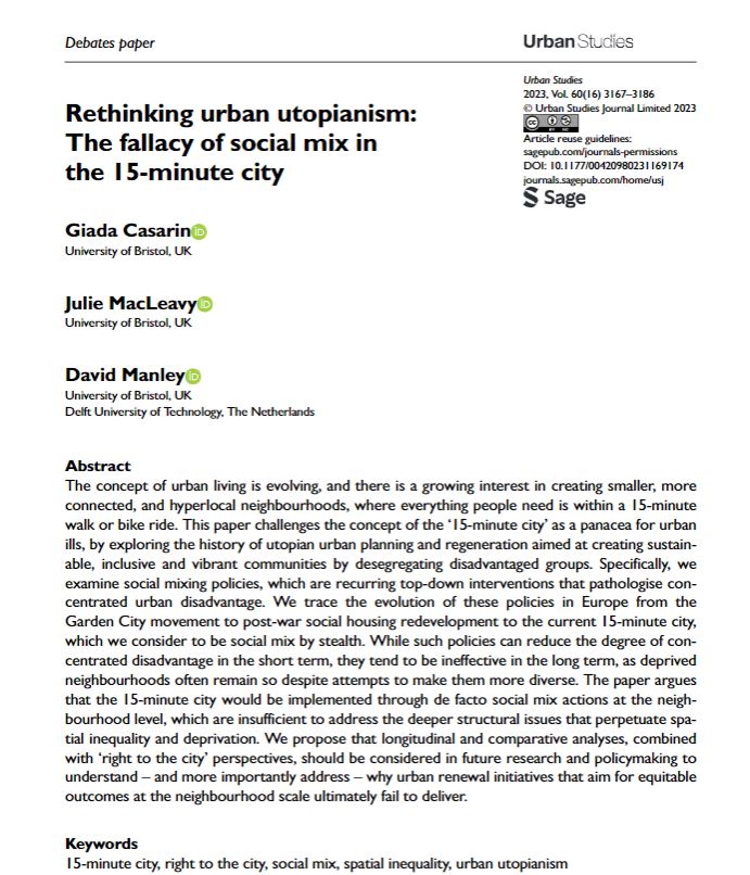 Editors' Featured Articles: 'Rethinking urban utopianism: The fallacy of social mix in the 15-minute city' debates paper by @CasarinGiada, Julie MacLeavy, and David Manley ow.ly/8yYY30jjn2t #EditorsPicks #FreeAccess #SocialMix #15MinuteCity