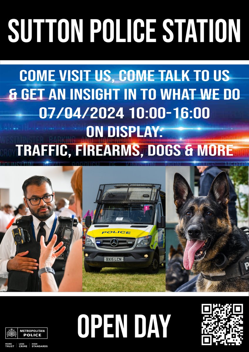 Come visit us! Sutton Police Station is hosting an open day on the 07/04/2023 between 10am - 4pm. 

Either scan the QR code or head over to Eventbrite to reserve your attendance, which can also be accessed by the following link;

ow.ly/3QVn50QKIp0