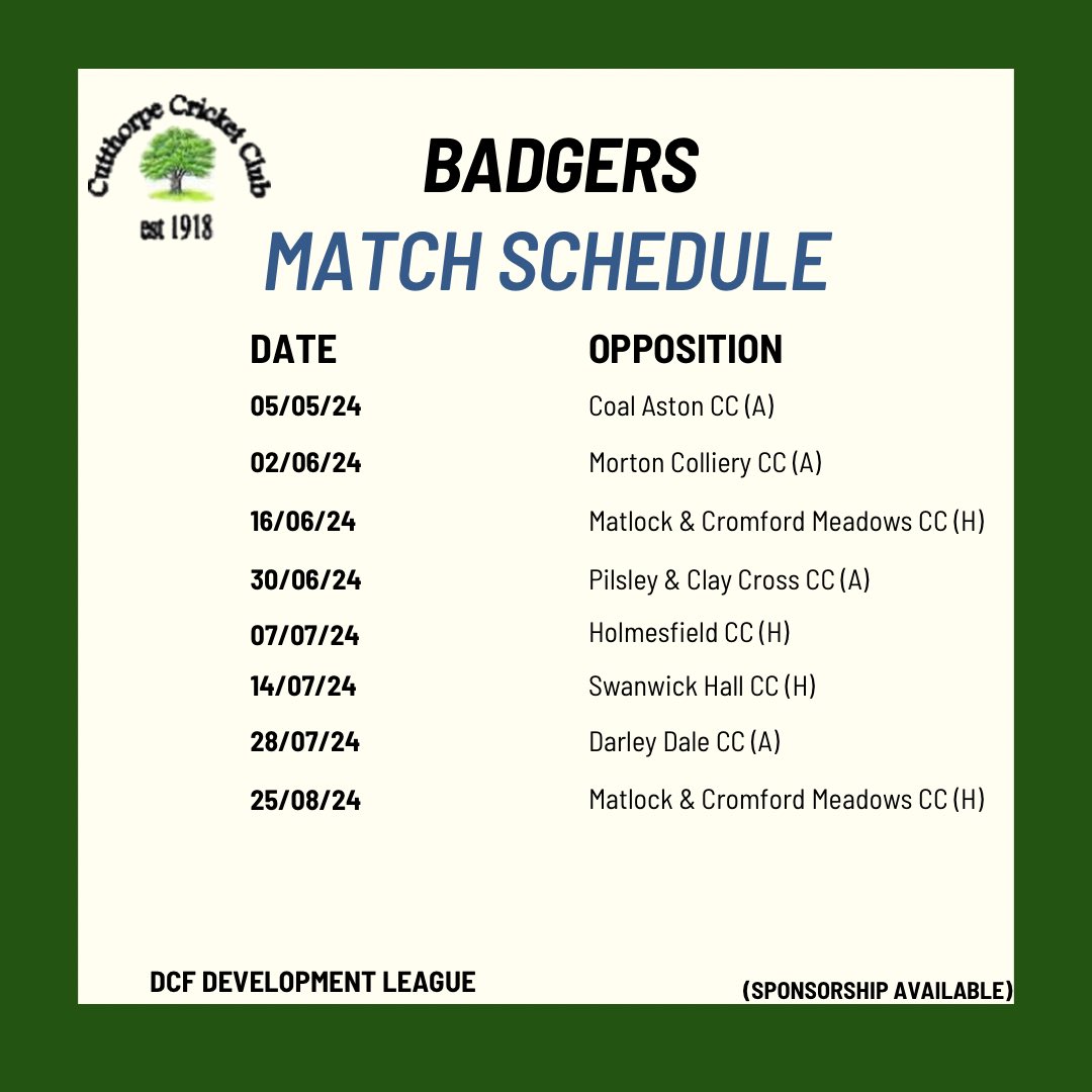 Upcoming 2024 fixtures Pt3 We are also thrilled to introduce the Badgers to the Cutthorpe family sees the opportunity for talented juniors to gain valuable experience in senior cricket. The season is fast approaching and we cannot wait to welcome you all back to Cutthorpe 🟢🌳