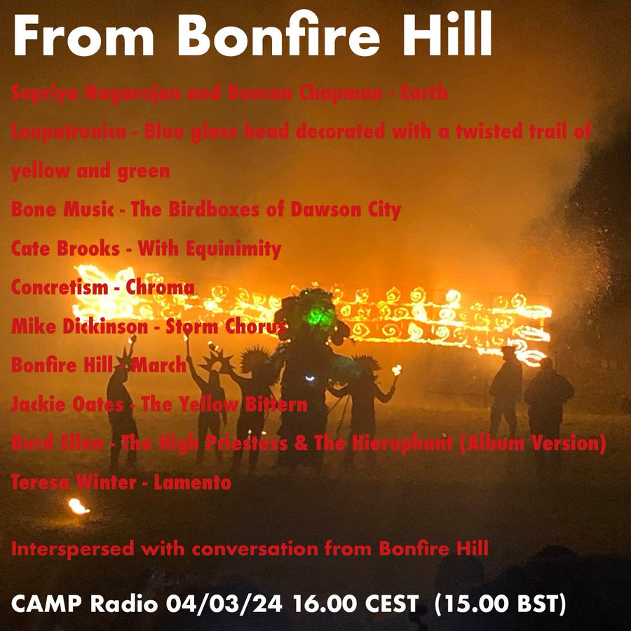 listen_camp's tweet photo. Soon!

4-5pm: From Bonfire Hill

Music, songs, words, sounds, symphonies and anthems from the uncanny slopes of Bonfire Hill. An aural almanac.

@onbonfirehill | https://t.co/F2pvK76cGA
#Electronic #Folk #FolkLore #FieldRecording #MemoryScape

*⏰CET https://t.co/Q6f5A1xWCa