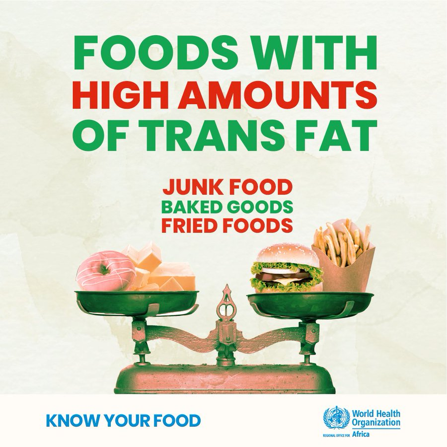 Industrially produced #transfat is commonly found in 👇🏿 ✅packaged foods ✅baked goods ✅frying oils ✅fat spreads Be sure to avoid foods that are high in trans fat as consumption can increase risk of diabetes, stroke and heart disease ⛔