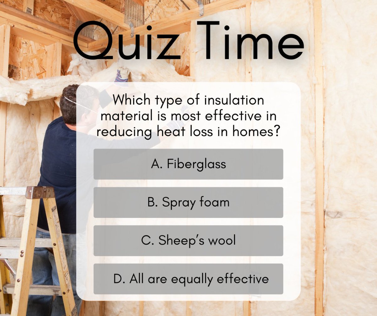 🏡 Quiz Time! 👏

Which type of insulation material is most effective in reducing heat loss in homes? 🤔

👉 A) Fiberglass
👉 B) Spray foam
👉 C) Sheep's wool
👉 D) All are equally effective

#homeimprovement #insulation #homeinsulation #warmth #energyefficiency #staywarm #quiz