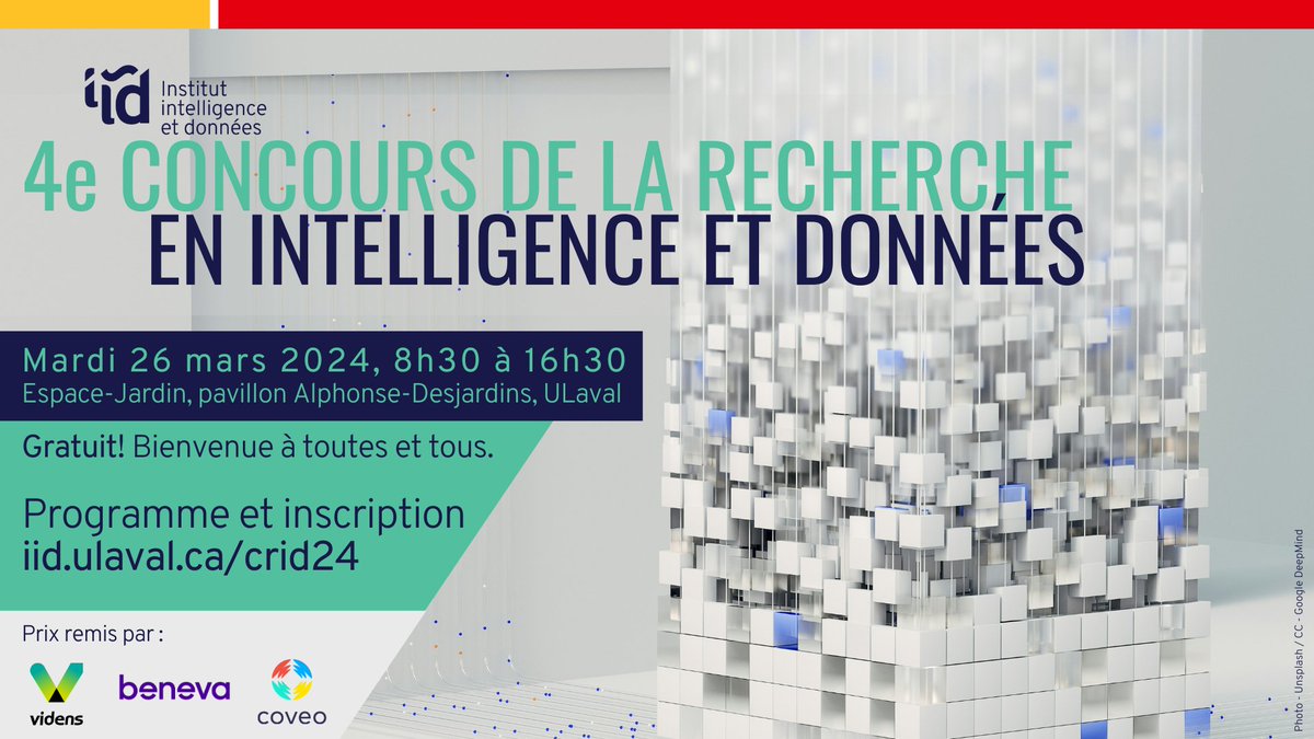 Institut Intelligence et données (IID) - ULaval (@iid_ulaval) on Twitter photo Le 26 mars 9h, c'est le 4e Concours de la recherche en intelligence et données! Dans une formule 100% présentielle, venez découvrir 12 présentations d'initiatives en #IA et #BigData portés par des étudiant.e.s <a href="/universitelaval/">Université Laval</a>. Accès libre. Programme: ow.ly/9Y4e50QJmBk Le 26 mars 9h, c'est le 4e Concours de la recherche en intelligence et données! Dans une formule 100% présentielle, venez découvrir 12 présentations d'initiatives en #IA et #BigData portés par des étudiant.e.s <a href="/universitelaval/">Université Laval</a>. Accès libre. Programme: ow.ly/9Y4e50QJmBk
