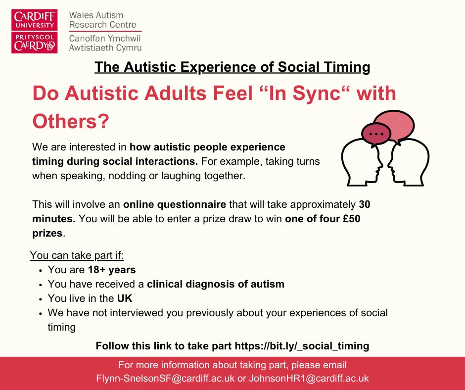 📢New study on autistic adults' experience of social timing!📢

Are you interested in sharing your experiences of social timing? We would love to hear from you. 

Participants can enter a prize draw to win £50: bit.ly/_social_timing

Please share this advert!
