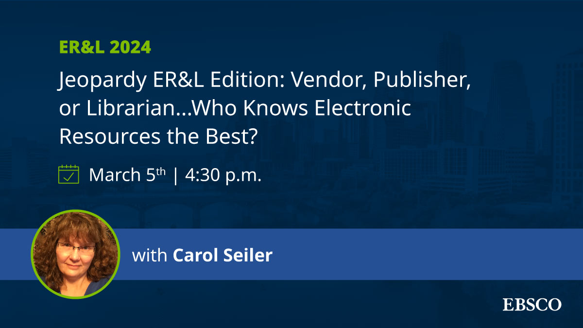 EBSCO's tweet image. Attending the ER&L Conference? We're putting vendors, publishers, and librarians to the test - who will come out on top? Be there to find out!
#ERL24 #LibraryTech