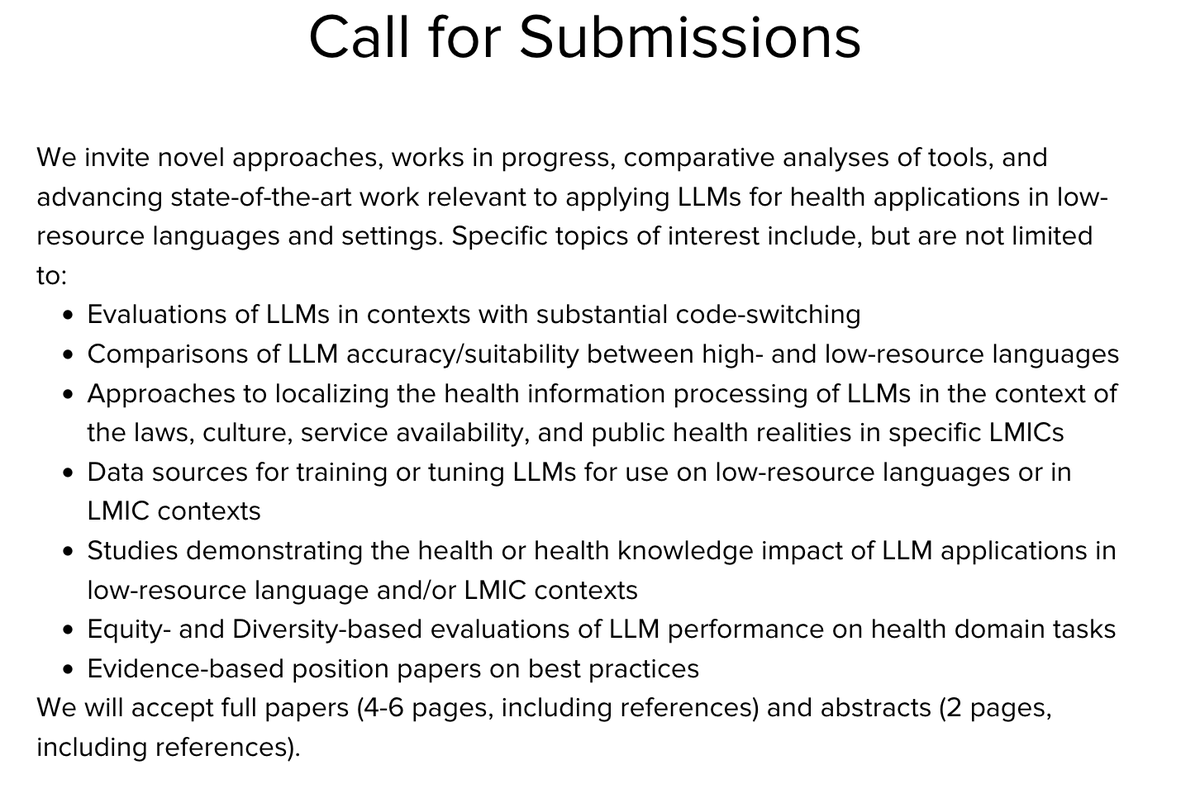 Submit your work on applying LLMs for health applications in low-resource languages and settings to the All4Health Workshop! Submission deadline extended to 3/21, workshop website here: nivi.io/all4health.