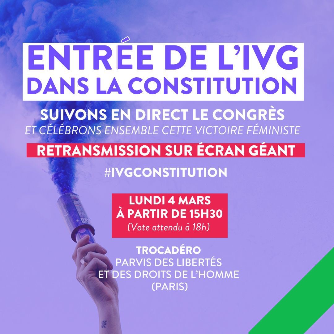 En ce jour historique et afin de célébrer ensemble l’entrée de #IVGDansLaConstitution, si vous êtes sur @Paris ou pas loin, RV au Trocadéro.