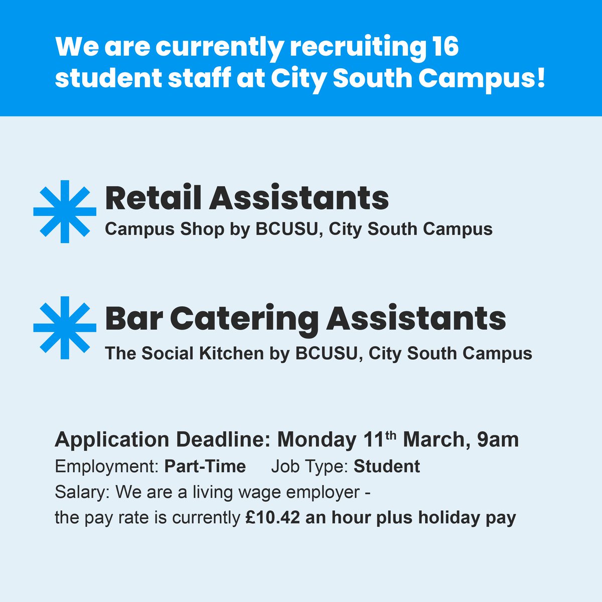 BCUSU's tweet photo. Want a student friendly job? We’re Hiring... at City South Campus. 

Apply Now https://t.co/Az5GWkjT2z 

Application Deadline: Monday 11th March, 9am. For more details see post ⬇️
We look forward to receiving your application! 

Employment: Part-Time.* https://t.co/zFizRZPB1h