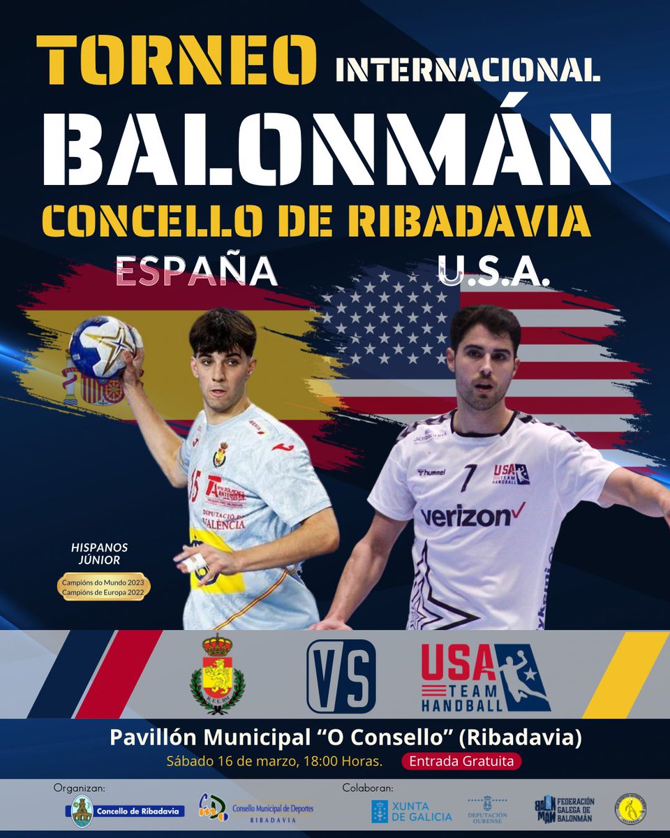 Seguimos achegando balonmán internacional a Galicia! 

Os Hispanos Júnior concentraranse entre o 11 e o 17 deste mes, no concello de Ribadavia, e durante esta concentración, desputaran un partido contra a selección de Estados Unidos 🇺🇸, que terá lugar o sábado 16 ás 18:00h.
