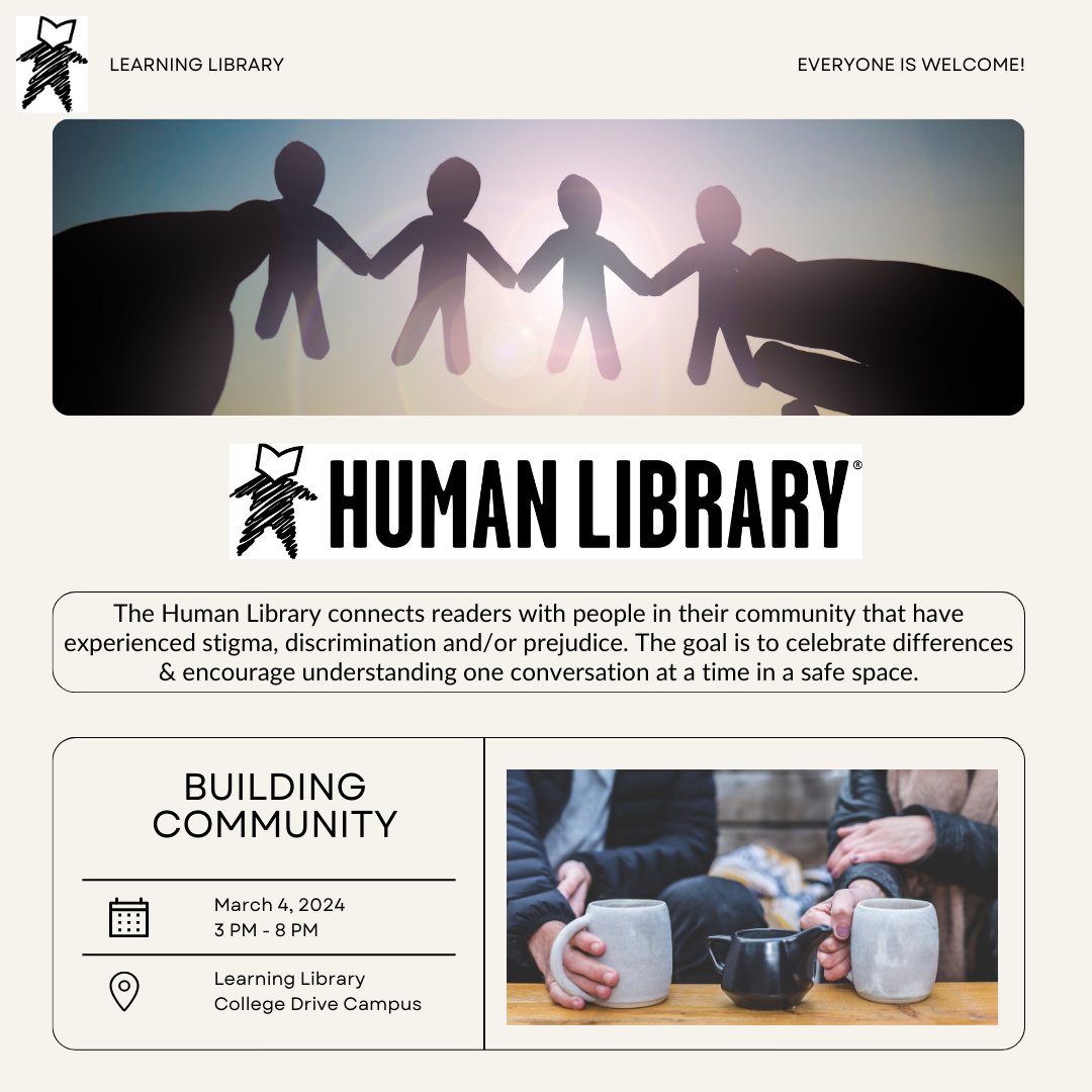Library4NUCC's tweet image. It's here! Today between 3-8pm, the Human Library is opening a bookshelf for Readers at the Learning Library. Drop in and "borrow" an open Book for a conversation about prejudice and biases. #HumanLibrary #UnjudgeSomeone