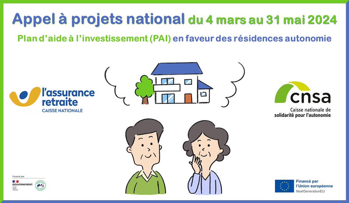 [Appel à projets national 2024] 📢 
@CarsatMP, @L_ARetraite et @CNSA_actu  relancent le Plan d'Aide à l'Investissement pour aider à la modernisation et à l'adaptation des #RésidencesAutonomie.
Dépôts des candidatures avant le 𝟑𝟏 𝐦𝐚𝐢 𝟐𝟎𝟐𝟒. ⏳
#autonomie #logement #PAI2024