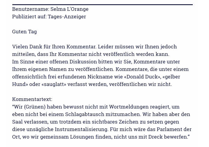 Heute haben wir im @kantonsrat_zh einen neuen Tiefpunkt der Debattenkultur erreicht. Der @tagesanzeiger berichtet, und anscheinend sind Kommentare von Kantonsrätinnen nicht erwünscht. @tagesanzeiger könntet ihr euch bitte merken, dass mein Name nicht erfunden ist. Es nervt!