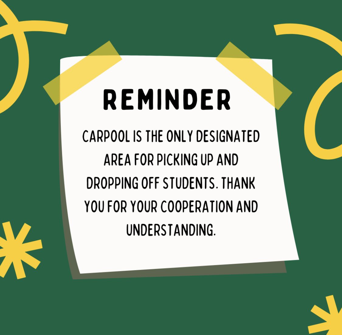 Important Reminder: Carpool is the only designated area for picking up and dropping off students. Safety and security are our top priorities, and utilizing the carpool lane helps us ensure the well-being of every Enloe Eagle.
