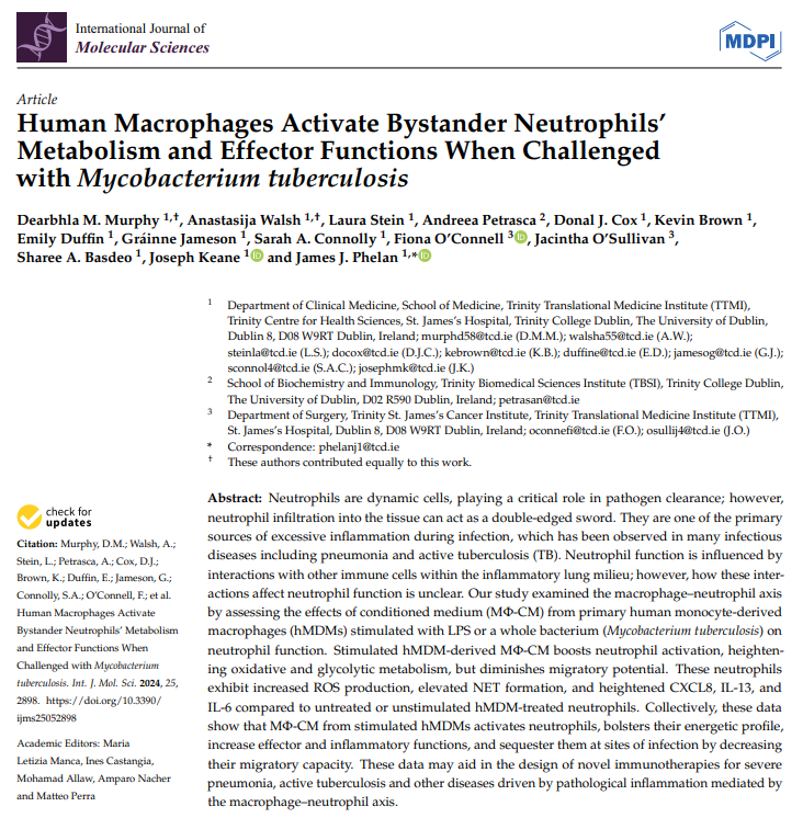 Dearbhla Murphy dervmurphy.bsky (@derv_murphy) on Twitter photo I am delighted to share our latest paper which explores the #neutrophil-macrophage axis in #tuberculosis. Endless thanks to Dr James Phelan, who lead this project, <a href="/AnastasiiijaW/">Anastasija Walsh</a>, Prof Joe Keane, and all the co-authors! #LoveIrishResearch #TB doi.org/10.3390/ijms25… I am delighted to share our latest paper which explores the #neutrophil-macrophage axis in #tuberculosis. Endless thanks to Dr James Phelan, who lead this project, <a href="/AnastasiiijaW/">Anastasija Walsh</a>, Prof Joe Keane, and all the co-authors! #LoveIrishResearch #TB doi.org/10.3390/ijms25…