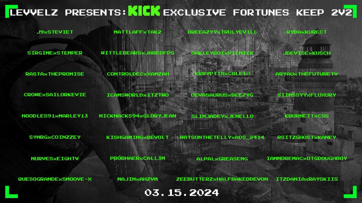 LevveLz x <a href="/KickStreaming/">Kick</a> Fortunes Keep 2V2 Roster
Proud to have arranged another banger for you to enjoy next Friday. A real blend of great creators in for the ride.

With that being said, this will be the last tourney I host. It's been great to interact with some of the biggest