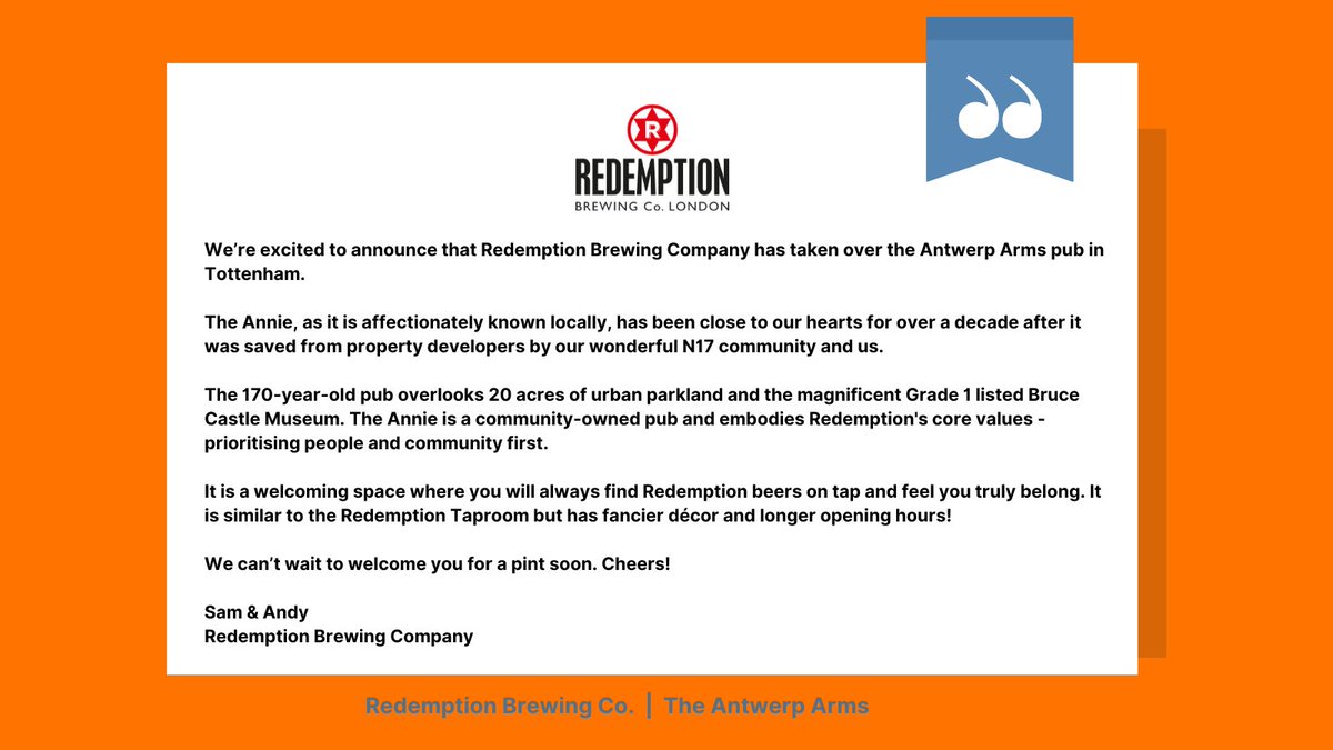 IMPORTANT ANNOUNCEMENT 📢 Wonderful news. Redemption Brew now has its very own pub. We are thrilled to have taken over the tenancy of the community-owned @AntwerpArmsAsoc We hope you'll come to visit! People and Pints forever.✌️💙🍺