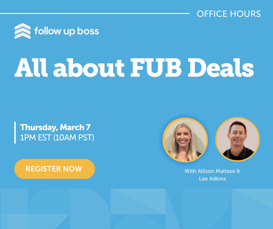 🚨 Join us Thursday for a free webinar FUB Office Hours: All About FUB Deals! Use this link to register to watch live or get the recording sent to your inbox! followupboss.zoom.us/webinar/regist… #followupboss #realestate #deal