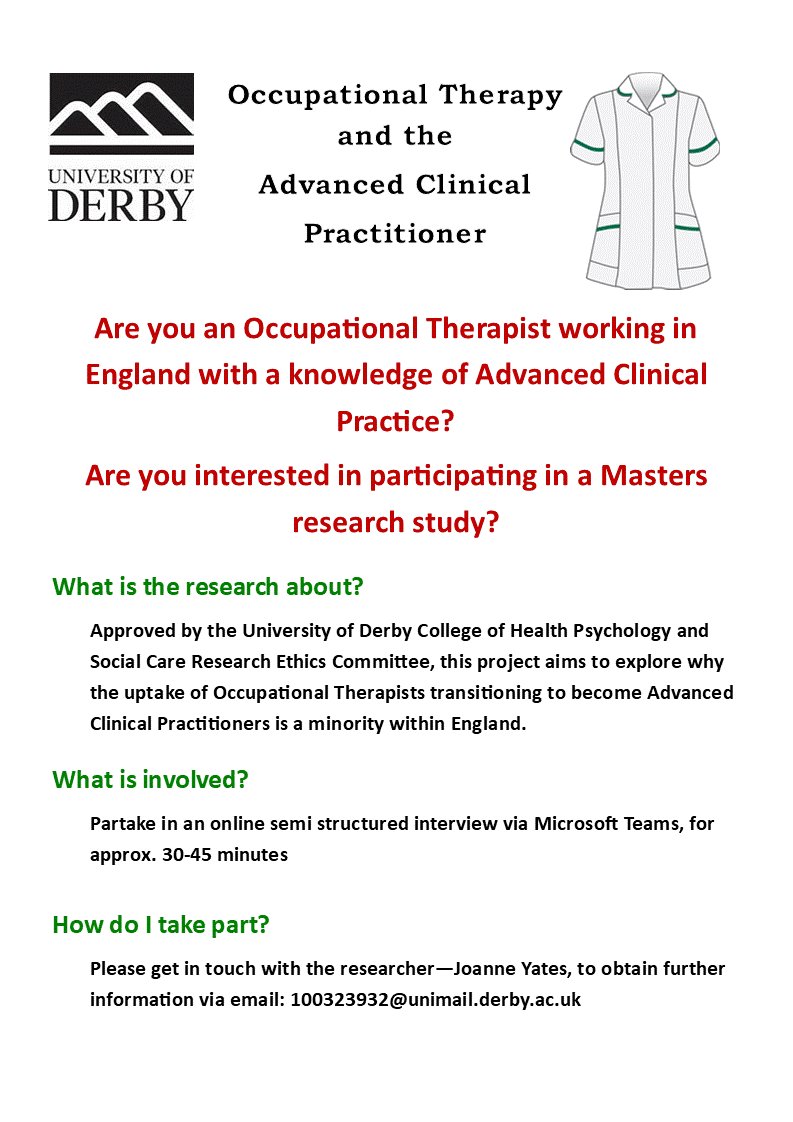 @t_howart <a href="/DerbyOT/">Derby OT</a> <a href="/PayalWilson/">Payal Wilson</a> @wilson_debbiej @catmitchell10 <a href="/OTCumbria/">Occupational Therapy at University of Cumbria</a> 
I'm looking for OTs working in England to take part in a research project relating to Advanced Clinical Practice. If interested please email me at 100313932@unimail.derby.ac.uk for further details.