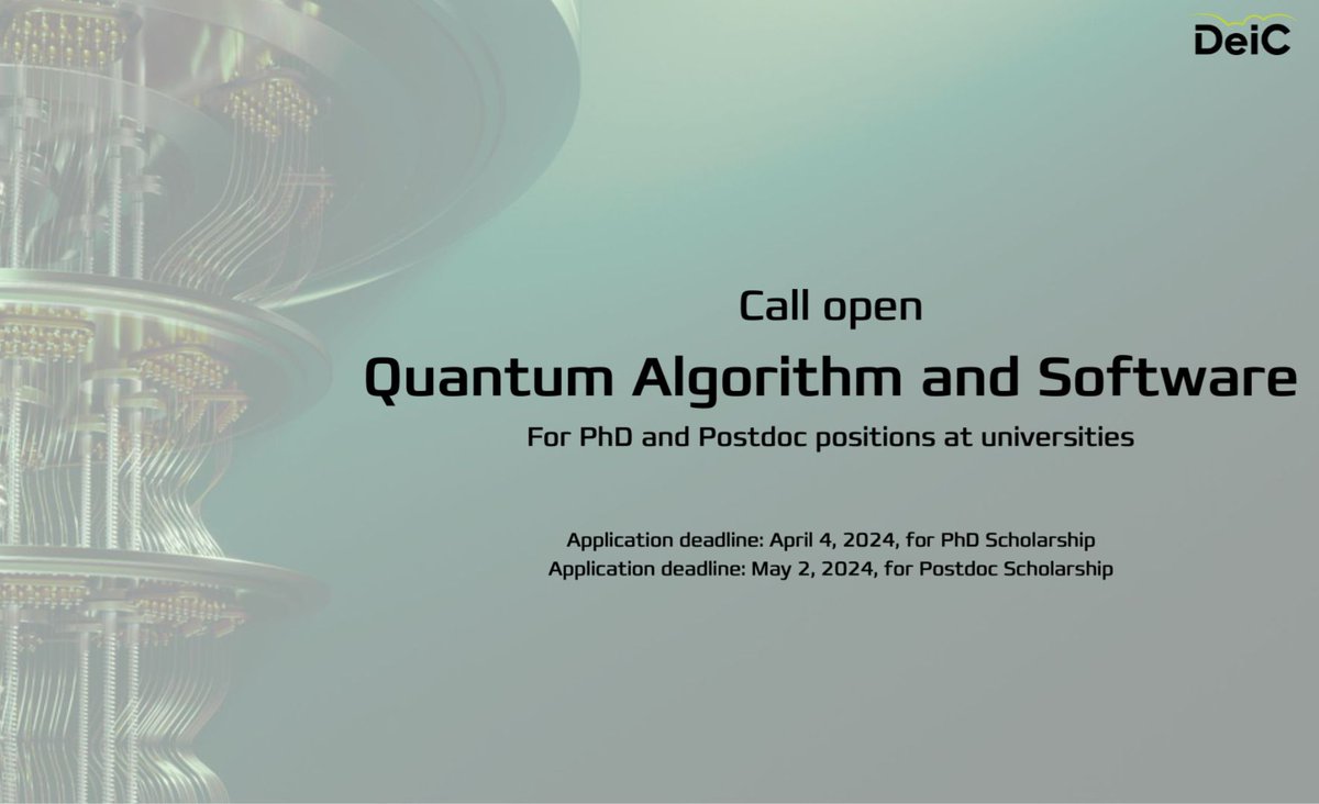 📣 Quantum call is now open! DeiC now offers universities the opportunity to apply for fully funded PhD and Postdoc positions in the field of quantum algorithms and quantum software. Information about the call and the application proces: deic.dk/da/quantum-tec…
