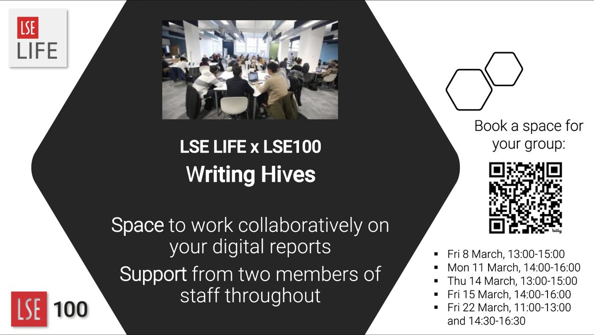 Together with LSE LIFE, LSE100 are excited to announce the start of our Winter Term Writing Hives! These Hives offer a dynamic, collaborative &amp; supportive space for students to work on their LSE100 digital reports.

Students can learn more &amp; sign up here: apps.lse.ac.uk/training-syste…