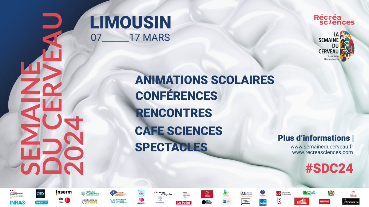 #SDC24 | La Semaine du #Cerveau en Limousin, ça commence dès vendredi !🧠 ➡️Retrouvez le programme complet de #Creuse, #Corrèze et #HauteVienne juste ici : recreasciences.com/nos-evenements… Toutes les manifestations sont gratuites.