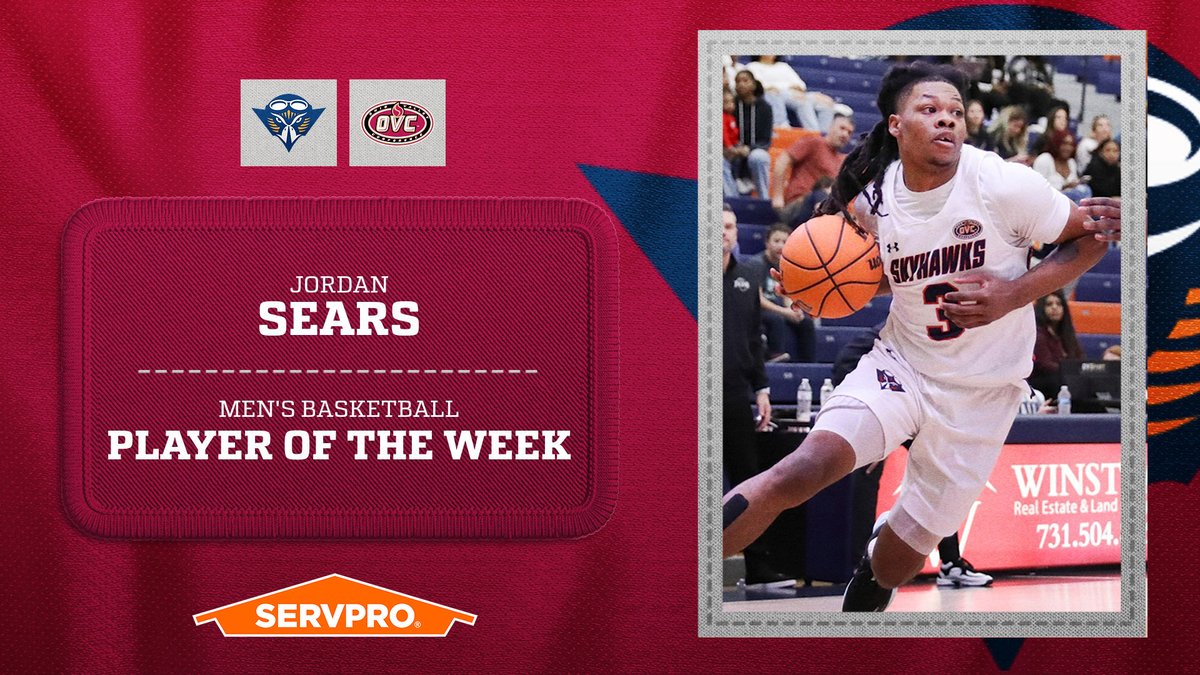 𝗢𝗩𝗖 𝗠𝗲𝗻'𝘀 𝗕𝗮𝘀𝗸𝗲𝘁𝗯𝗮𝗹𝗹 🏀 𝗣𝗹𝗮𝘆𝗲𝗿 𝗼𝗳 𝘁𝗵𝗲 𝗪𝗲𝗲𝗸
<a href="/SkyhawkHoops/">UT Martin Basketball</a> guard Jordan Sears (<a href="/hollywood_j11/">Jordan Sears</a>)

• Averaged 31.0 points, 6.5 assists &amp; 5.0 rebounds/game in 2 victories

#OVCit | #MartinMade | Presented by <a href="/SERVPRO/">SERVPRO</a>