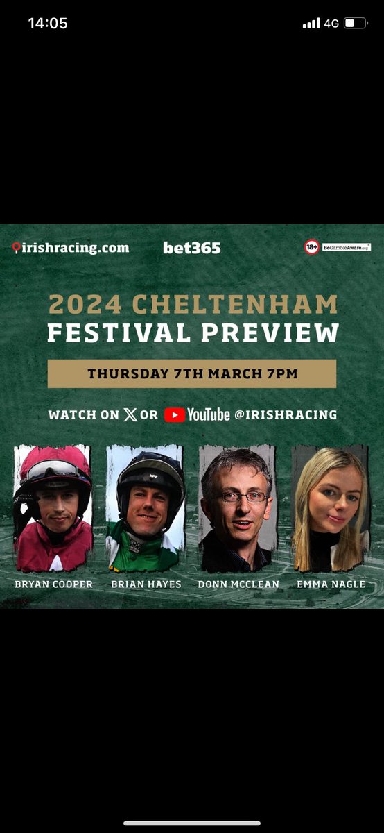 I am excited to be on Irish Racing's Cheltenham Festival preview, sponsored by bet365

Please join us this Thursday at 7pm on YouTube or X/Twitter
