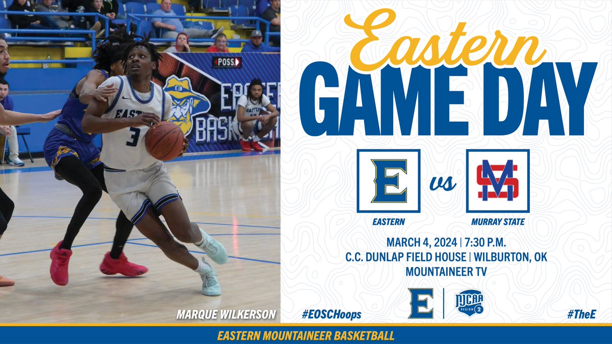 It's Sophomore Day! Eastern will wrap up the home season against Murray. Come support our Mountaineers and give our sophomores a big send-off! #TheE #EOSCHoops #NJCAAMBB 🏀 vs. Murray State College ⏰ 7:30 PM 🏟 C.C. Dunlap Field House 📍 Wilburton, OK 🖥 eoscathletics.com/mountaineertv